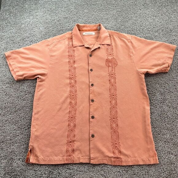 Tommy Bahama Hawaiian Shirt Mens L Orange Silk Embroidered Panel Camp Loop - Picture 1 of 13
